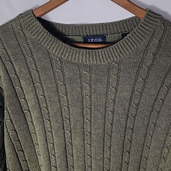 Vintage IZOD 100%Cotton Fisherman Core Cableknit Olive Green Men's Sweater L - Picture 5 of 7